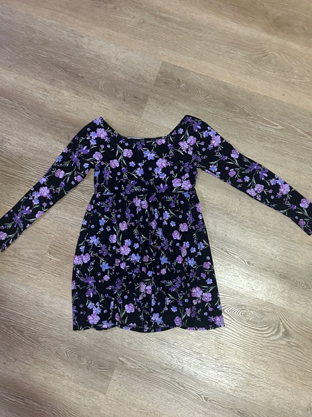 Kids Long Sleeve Black Dress with Purple Floral Print